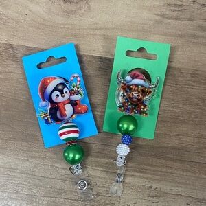 Holiday Penguin & highland cow Beaded Badge Reels - Green, Blue, White, Red